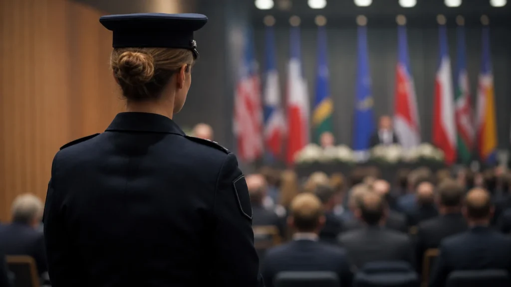 Symbolbild einer Polizistin vor internationaler Konferenzkulisse.