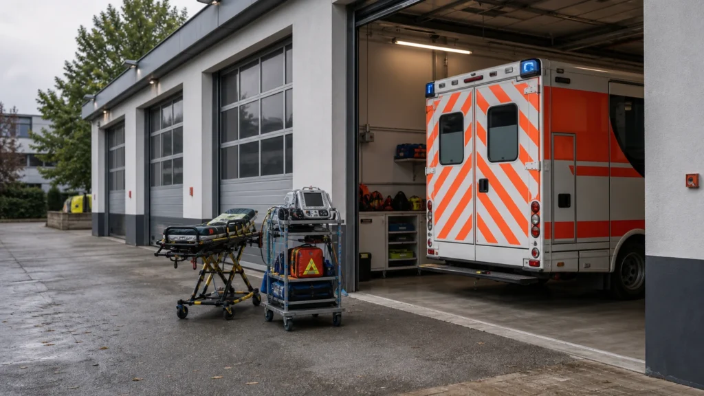 Rettungsdienst-Wache als Symbolbild für Kosten und Einsätze im NRW-Rettungsdienst.