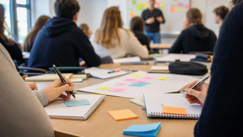Schülerinnen und Schüler diskutieren in einem Klassenzimmer als Symbol für Demokratiebildung.