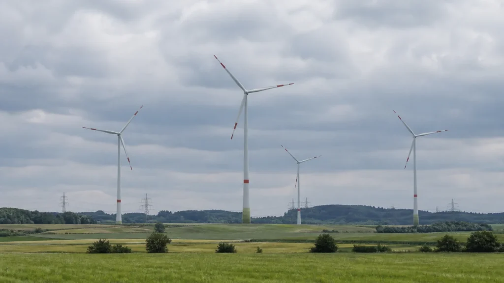 Windkraftanlagen in einer Landschaft als Symbolbild für die Stromeinspeisung aus Windkraft in NRW.