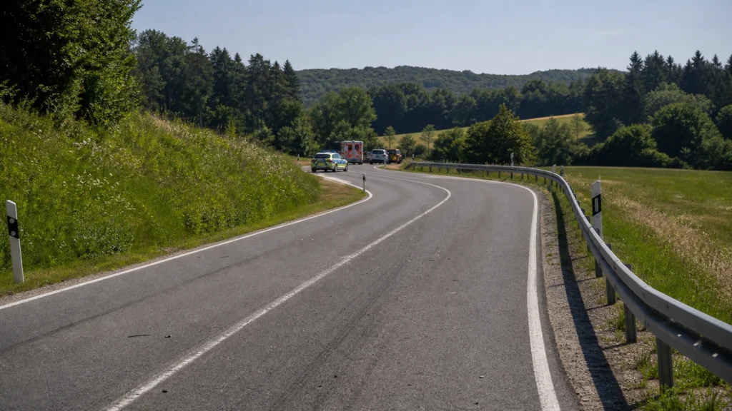 Landstraße mit Einsatzfahrzeugen als Symbol für einen schweren Motorradunfall im Kreis Olpe.