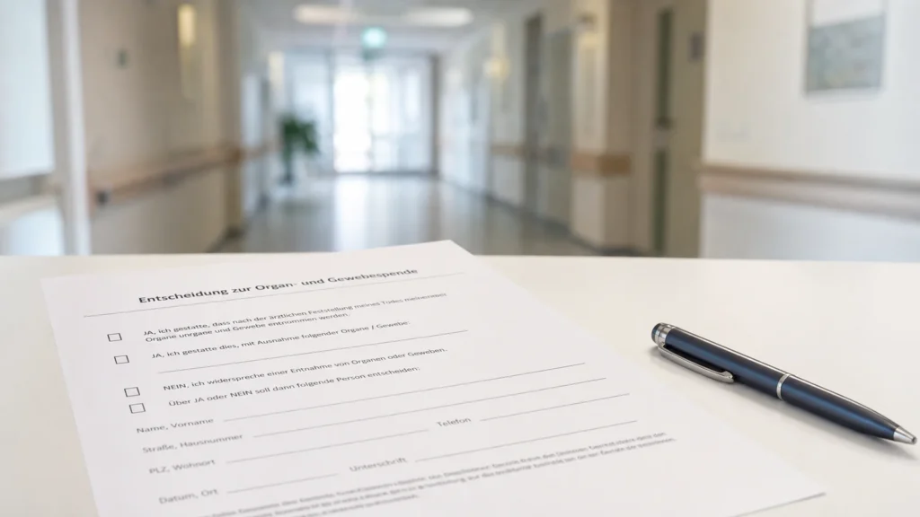 Entscheidungsformular und Stift als Symbol für eine dokumentierte Organspende-Entscheidung.
