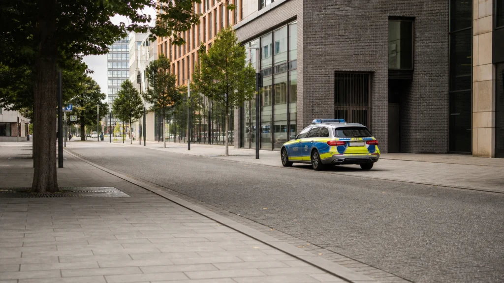 Polizeifahrzeug in einer Stadt als Symbol für Sicherheitsstatistik in Dortmund.
