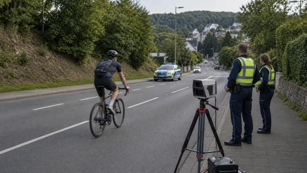Verkehrskontrolle zum Überholabstand als Symbolbild für Radfahrerschutz in Siegen.