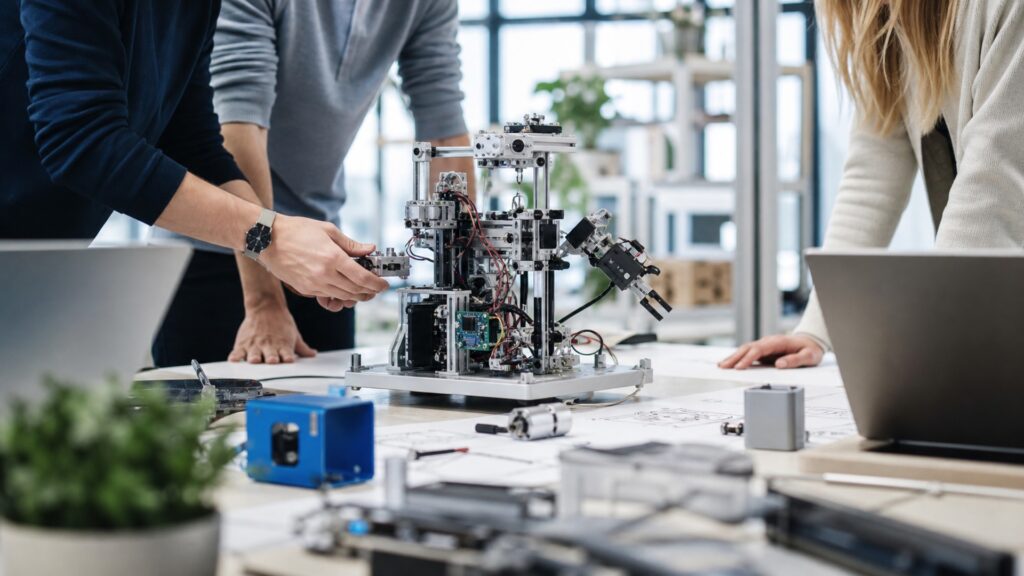 Ein Start-up-Team arbeitet an einem technischen Prototyp.