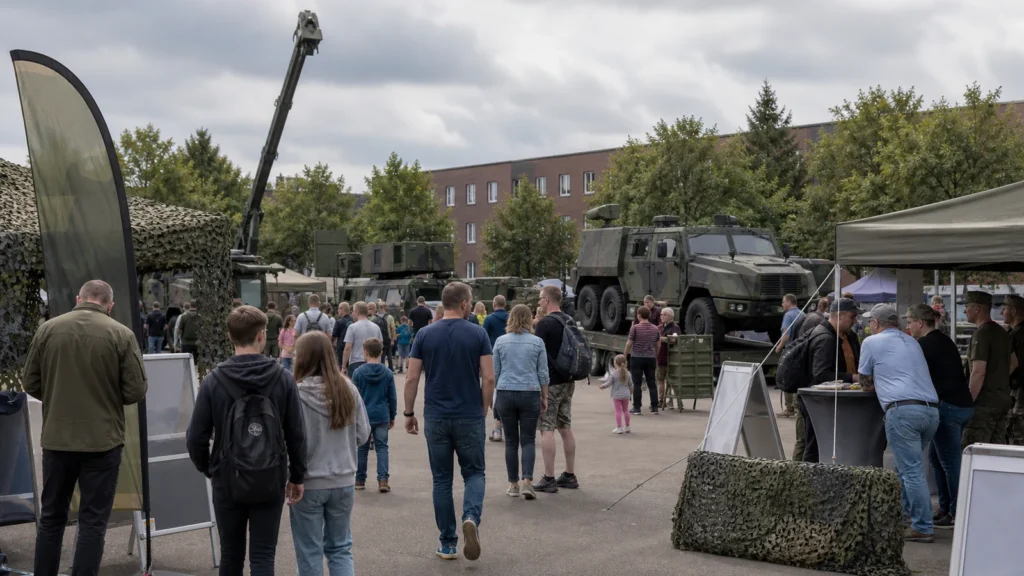 Besucher auf einem Kasernengelände als Symbol für den Tag der Bundeswehr in Unna.