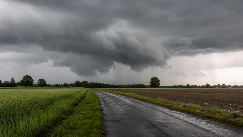 Dunkle Gewitterwolken über einer Landschaft als Symbol für einen Tornado in NRW.