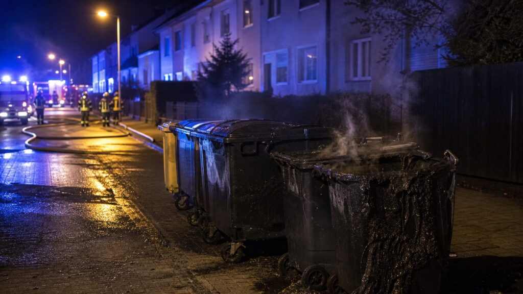 Feuerwehr löscht in der Nacht einen Brand in einer Wohnstraße.