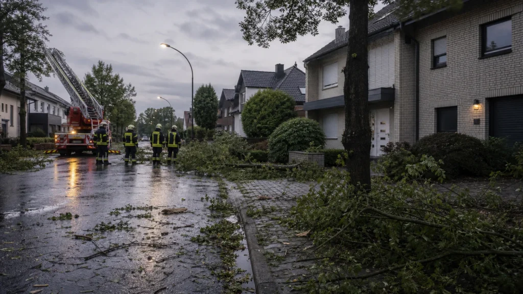 Feuerwehreinsatz nach Unwetter in einer Wohnstraße als Symbolbild für Grevenbroich.