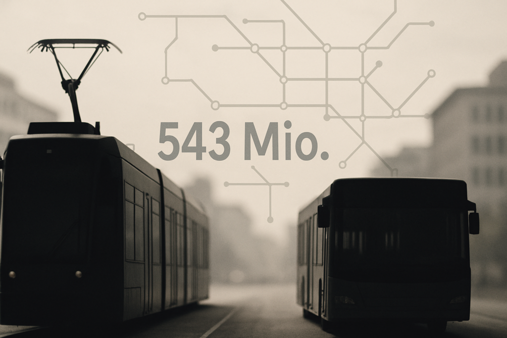 Symbolbild Nahverkehr: Straßenbahn und Bus als Silhouetten