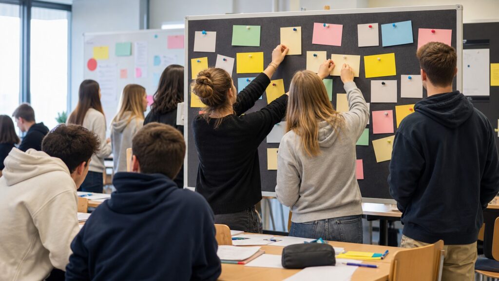 Schülerinnen und Schüler arbeiten gemeinsam an Ideen für ihre Schule.