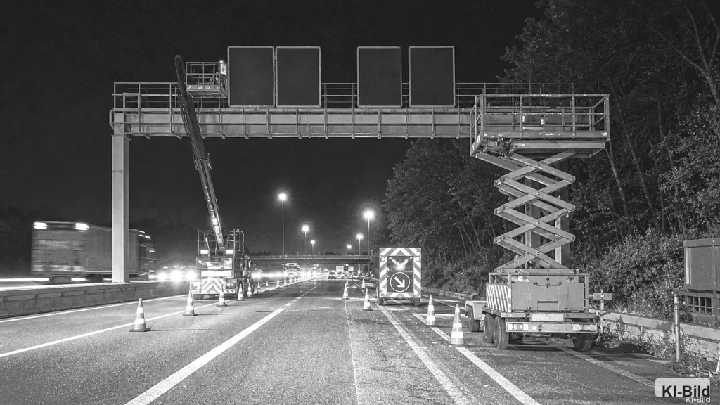 Nächtliche Autobahnbaustelle als Symbol für Sperrungen auf der A40 bei Bochum.