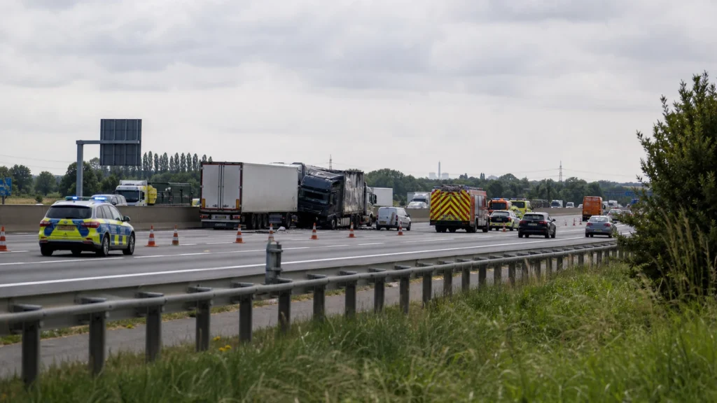 Einsatzstelle auf einer Autobahn als Symbol für den schweren Unfall auf der A57 bei Neuss.