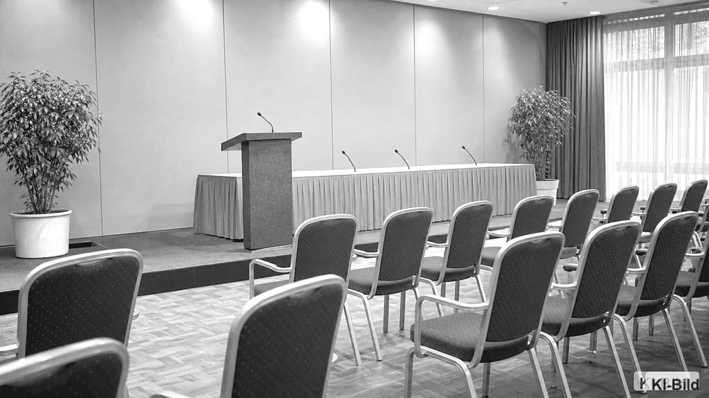 Pressegespräch in einem neutralen Saal als Symbol für den Jahresbericht der Antisemitismusbeauftragten NRW.