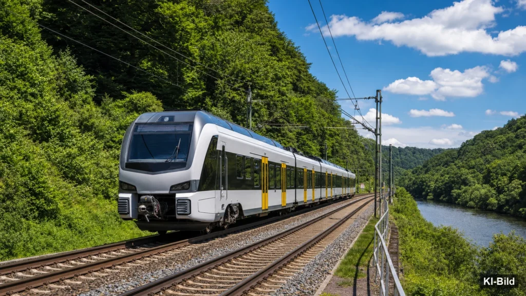 Regionalzug auf einer erneuerten Bahnstrecke als Symbol für die wieder freigegebene Verbindung.