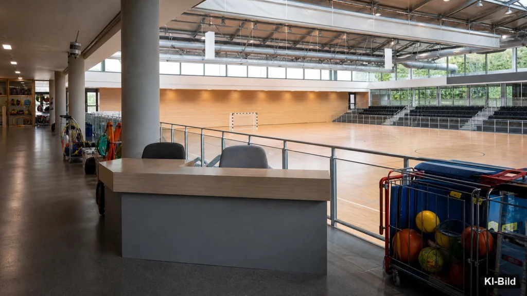 Moderne Sporthalle als Symbol für den Schutz von Athletinnen und Athleten vor Gewalt.