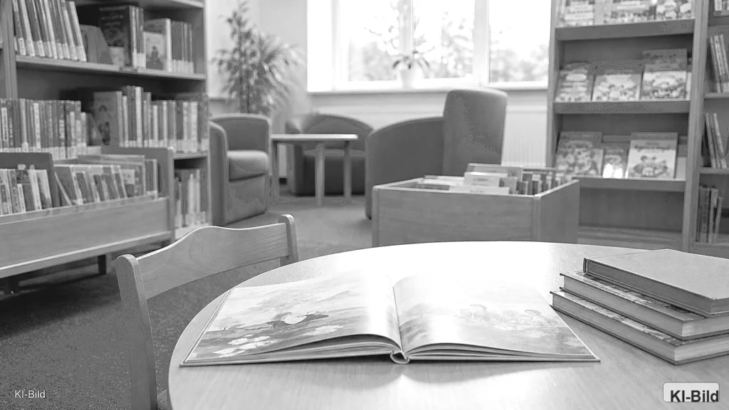 Kinderbuch auf einem Bibliothekstisch als Symbol für den Kinderbuchpreis NRW.