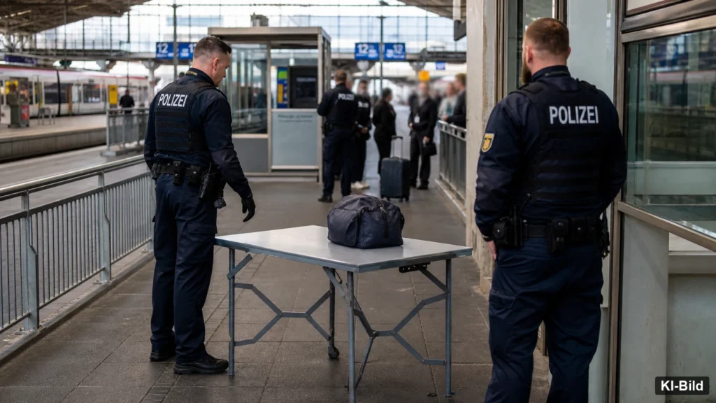Bundespolizeikontrolle als Symbol für einen Verstoß gegen ein Waffenverbot in Dortmund.