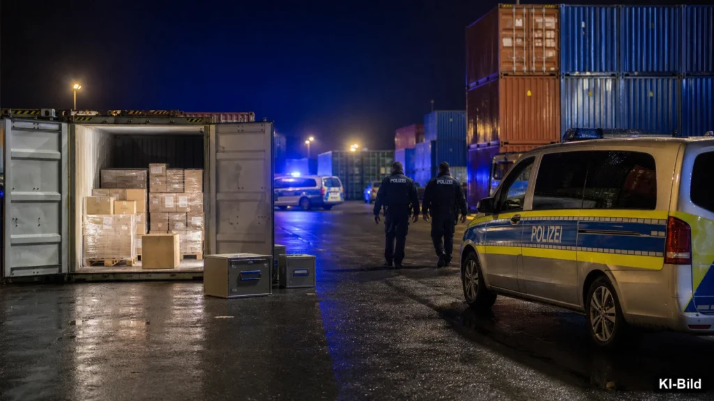 Lagercontainer mit Polizeipräsenz als Symbol für einen größeren Drogenfund in Dortmund.
