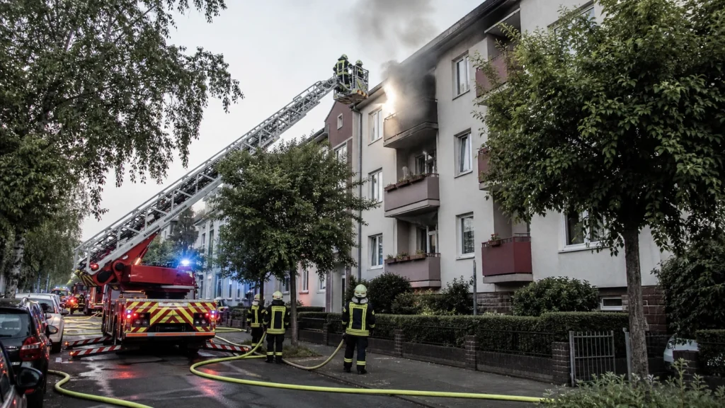Feuerwehreinsatz mit Drehleiter als Symbol für einen Brand in Düsseldorf-Gerresheim.