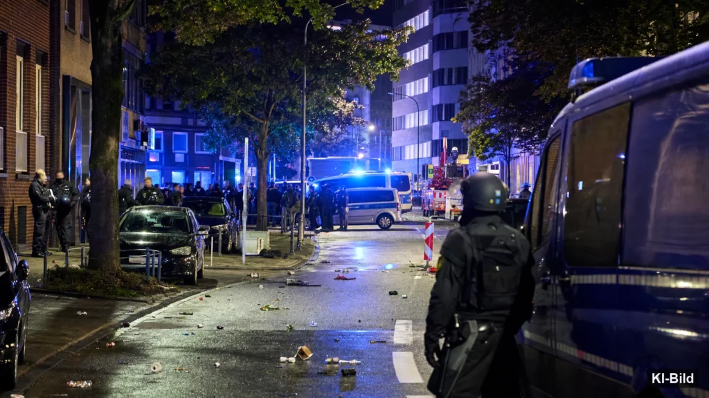 Großer Polizeieinsatz auf einer nächtlichen Straße als Symbol für Ausschreitungen in Düsseldorf-Oberbilk.