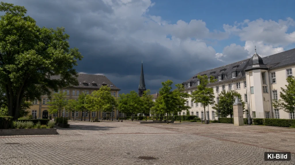 Gewitterfront über einer NRW-Stadt als Symbol für die aktuelle Wetterlage.