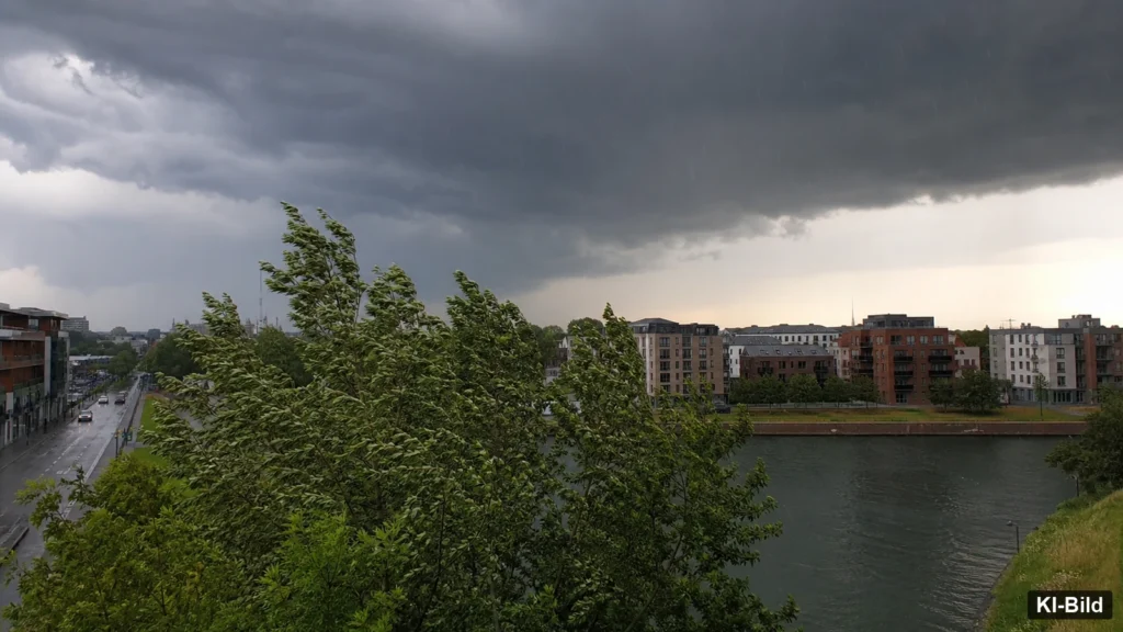 Gewitterfront über einer Stadt in Nordrhein-Westfalen als Symbol für die DWD-Warnlage.