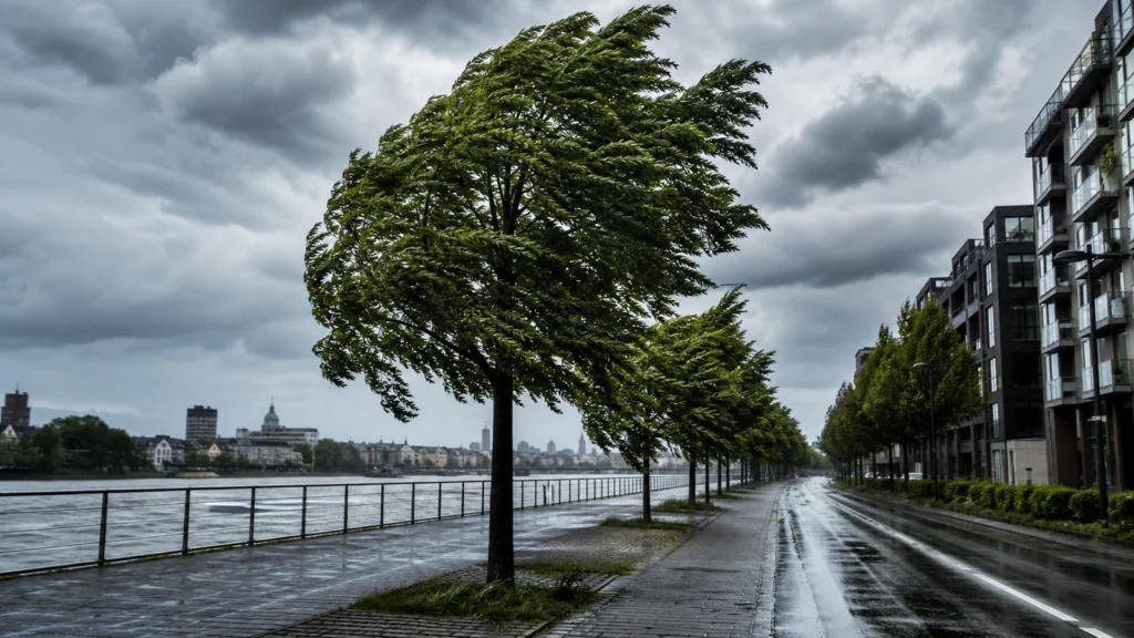 Windbewegte Baeume in einer NRW-Stadt als Symbol für die aktuelle DWD-Windlage.