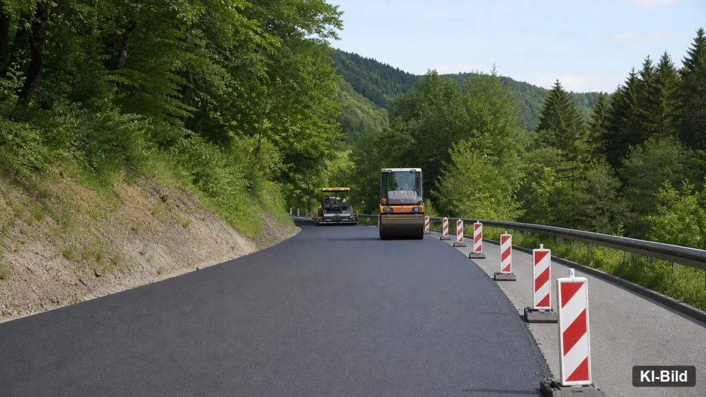 Straßenbaustelle mit frischem Asphalt als Symbol für die Vollsperrung der K5 im Siegerland.