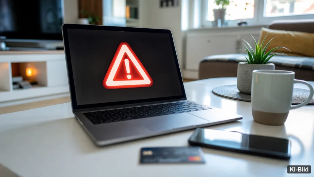 Laptop mit Sicherheitswarnung als Symbol für einen Computerbetrug in Kaarst.