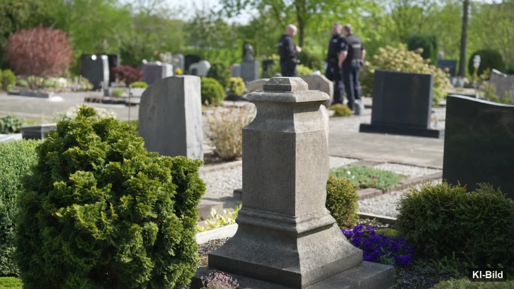 Leerer Sockel auf einem Friedhof als Symbol für den Diebstahl einer Bronzebüste in Kerken.