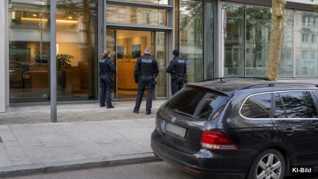 Bankfiliale mit Polizeifahrzeug als Symbol für einen verhinderten Betrugsfall in Köln.