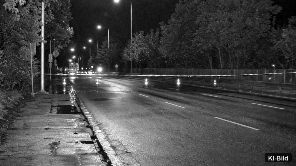 Leere Straße mit Lichtreflexen als Symbol für einen tödlichen Motorradunfall bei Köln-Gremberg.