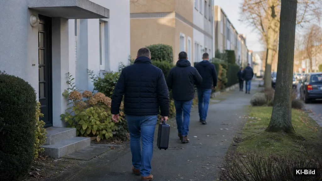 Polizeiermittlungen vor einem Wohngebäude als Symbol für einen aufgeklärten Tankstellenraub in Köln.
