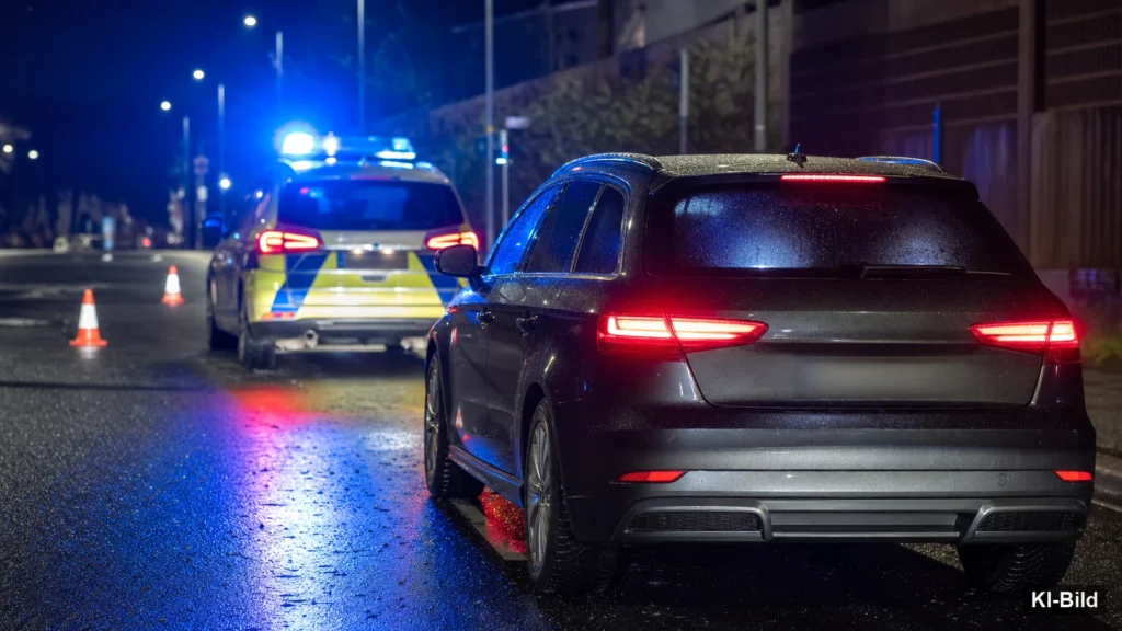 Nächtliche Polizeikontrolle in Langenfeld als Symbol für die Festnahme eines Autofahrers.