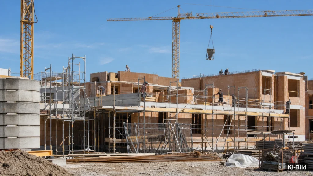 Wohnungsbaustelle als Symbol für gestiegene Baupreise in Nordrhein-Westfalen.