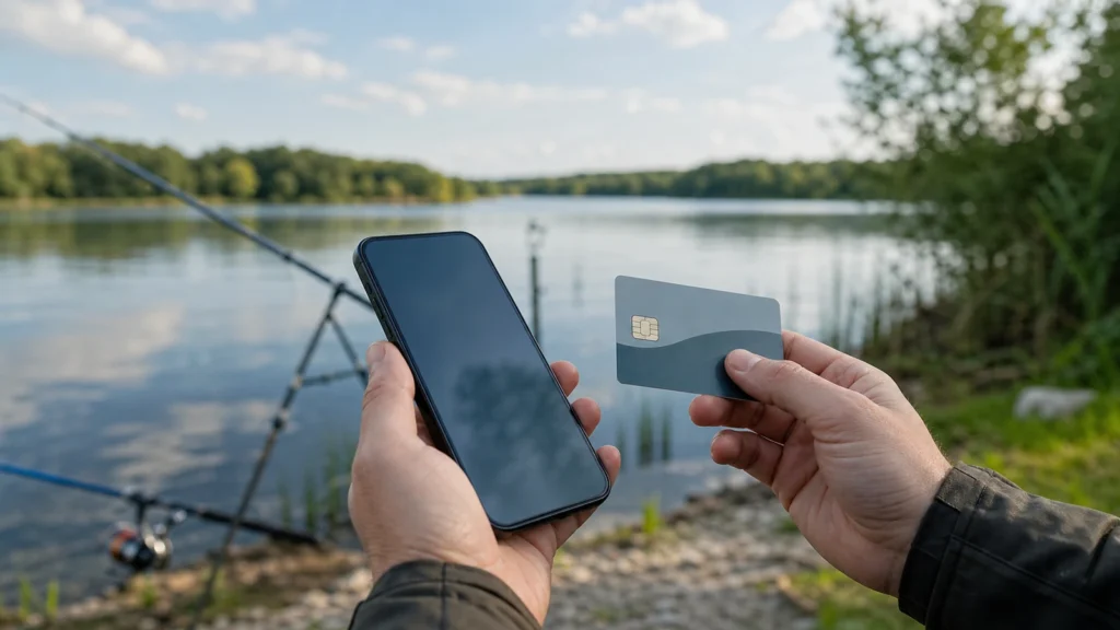 Smartphone und Karte am See als Symbol für den digitalen Fischereischein in NRW.