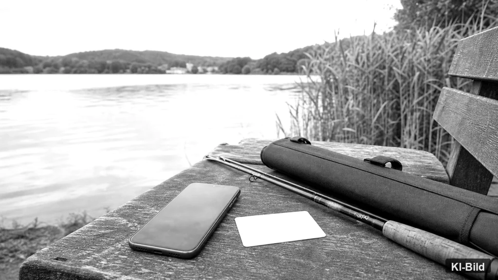 Smartphone und Karte am See als Symbol für den digitalen Fischereischein in NRW.