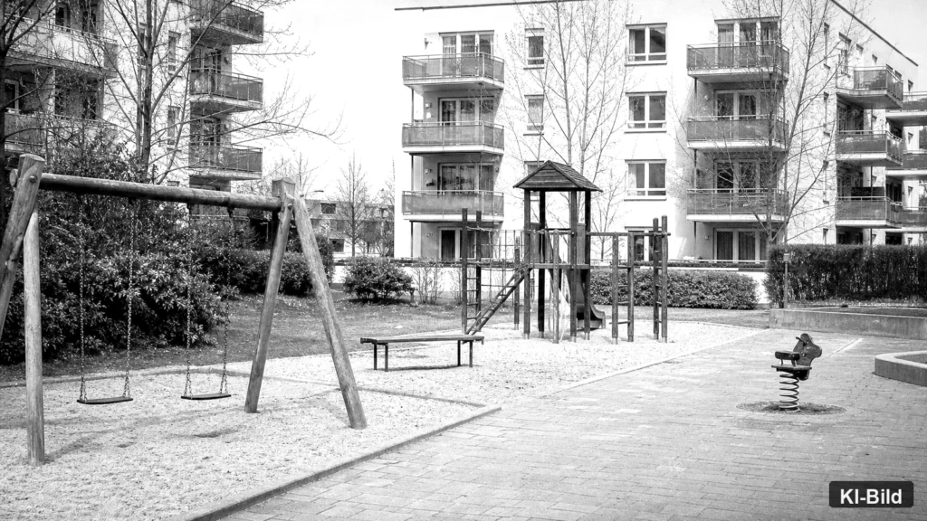 Wohnquartier mit Spielplatz als Symbol für Geburtenstatistik in Nordrhein-Westfalen.