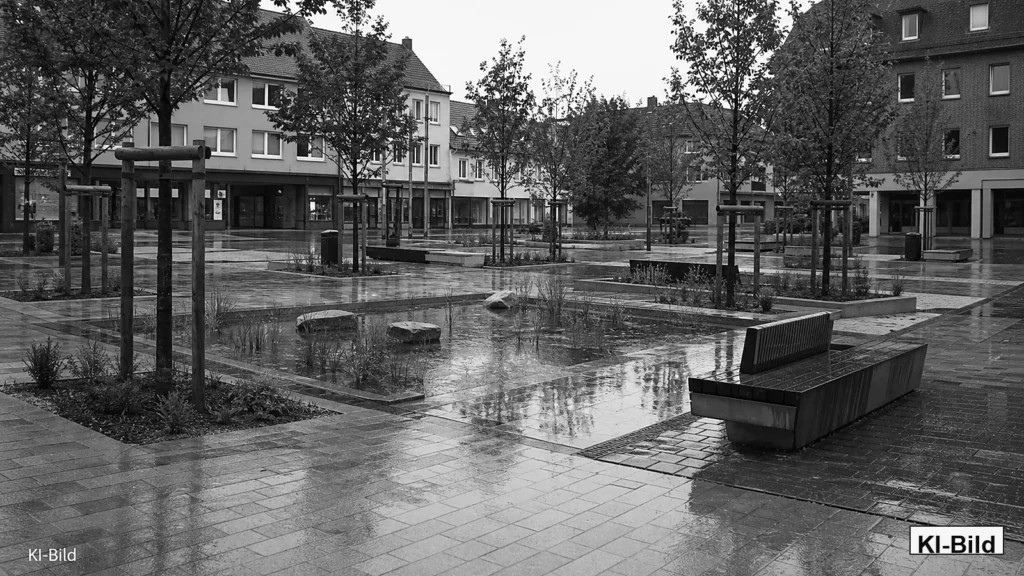 Begrünter Stadtplatz als Symbol für Klimaanpassung in Nordrhein-Westfalen.
