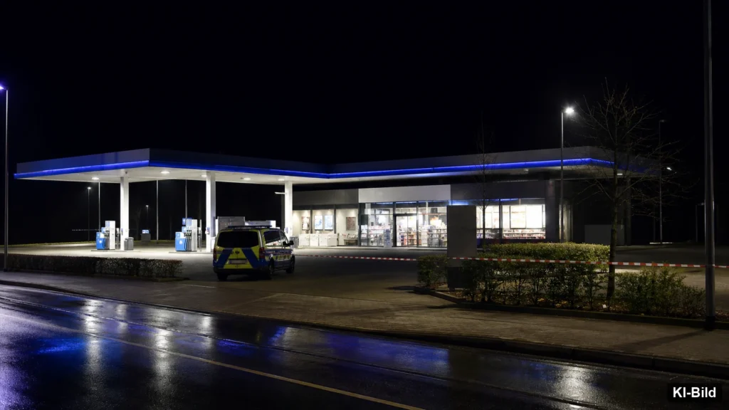 Tankstelle mit Polizeipräsenz als Symbol für einen bewaffneten Überfall in Oelde.