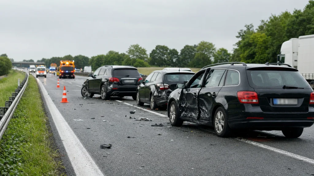 Autobahn-Einsatzstelle als Symbol für einen Unfall auf der A52 bei Ratingen.