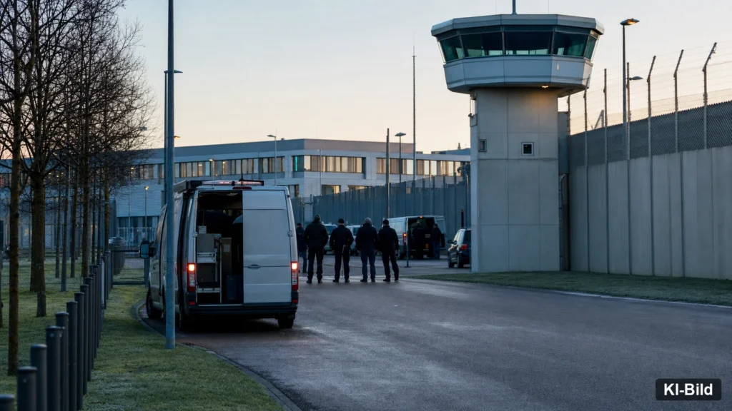 Polizeieinsatz vor einer Justizvollzugsanstalt als Symbol für die Durchsuchungen in Rheinbach.