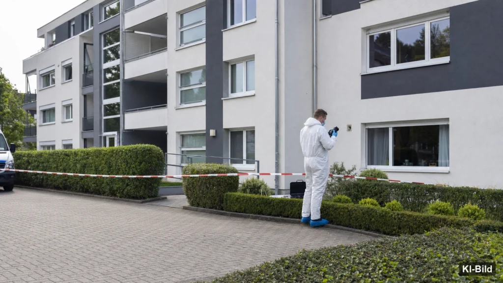 Mehrfamilienhaus mit Polizeipräsenz als Symbol für einen Einbruch in Rösrath.