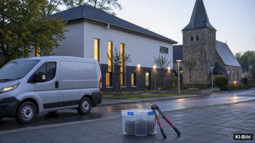 Gemeindezentrum mit Polizeipräsenz als Symbol für einen Kupferdiebstahl in Stolberg.