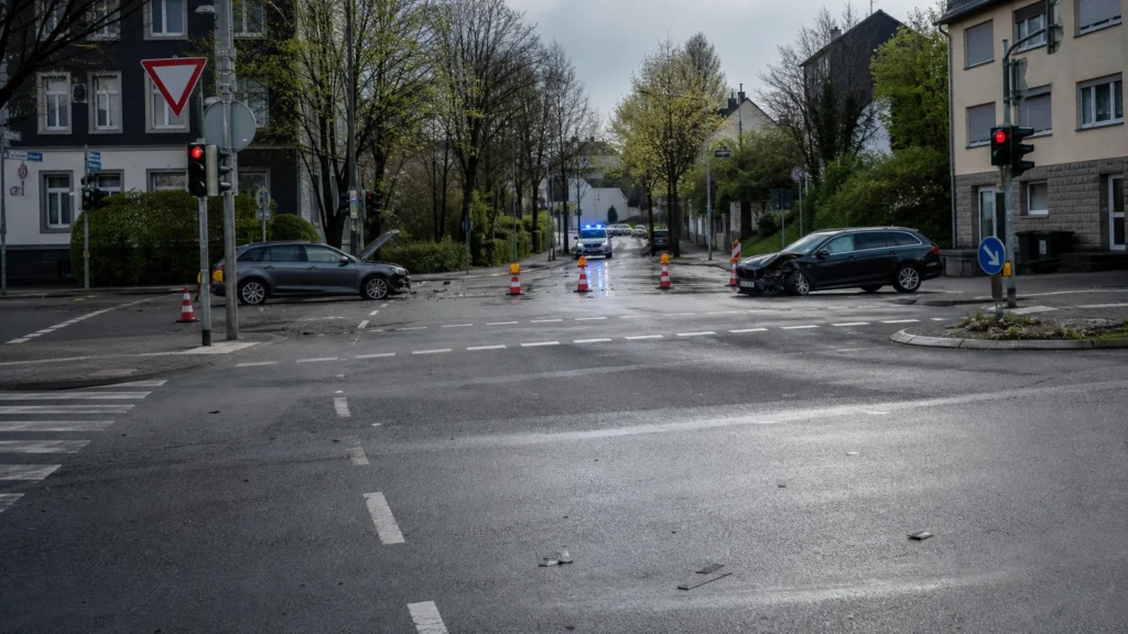 Gesperrte Kreuzung als Symbol für den Unfall am Willy-Brandt-Platz in Velbert.