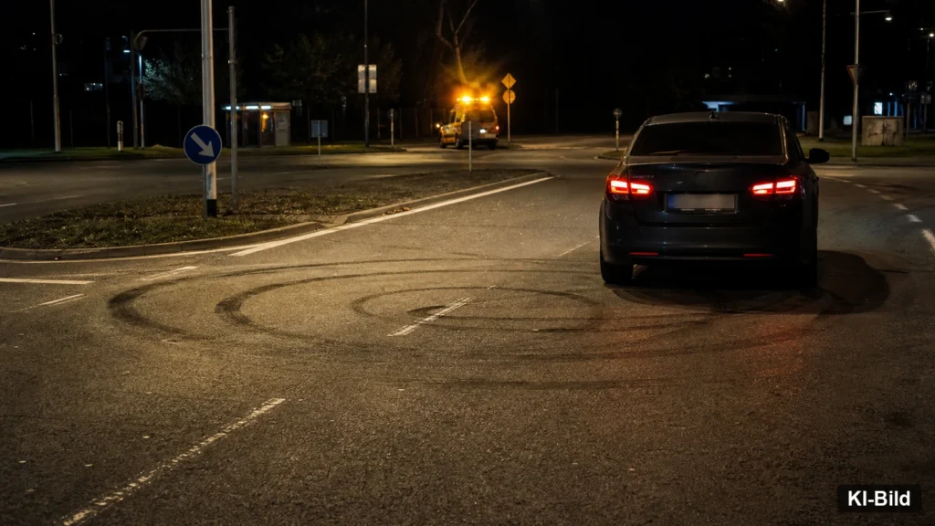 Reifenspuren und Polizeifahrzeug als Symbol für einen Verkehrseinsatz in Viersen.