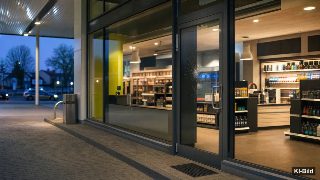 Tankstelle bei Nacht als Symbol für einen Einbruchsversuch in Viersen.
