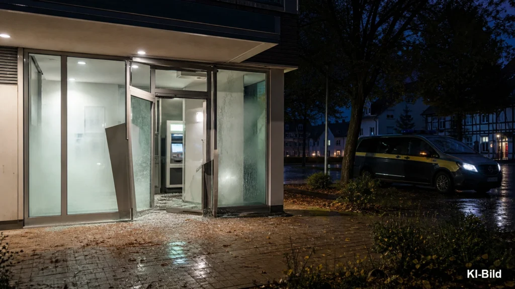 Bankfiliale mit Polizeipräsenz als Symbol für einen versuchten Geldautomatenaufbruch in Wiehl.
