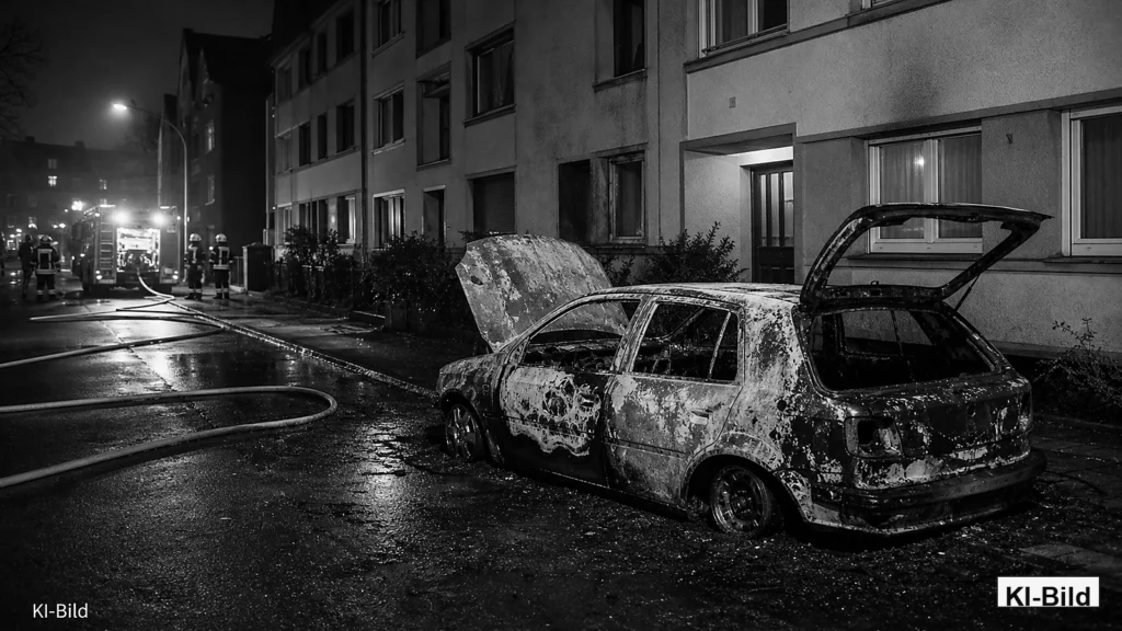 Feuerwehreinsatz vor einem Wohnhaus als Symbol für einen Pkw-Brand in Wuppertal.